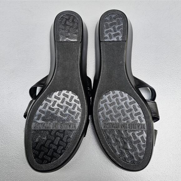 Black Mini Wedge Sandals Italian Shoemakers Bade Size 10 Strappy Slides Silver - Picture 11 of 12
